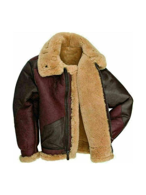 Men's Maroon Shearling Aviator Raf Flying Pilot B3 Bomber Jacket