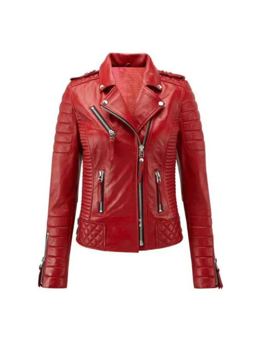 Women's Red Casual Stylish Motorcycle Biker Bomber Real Lambskin Leather Jacket