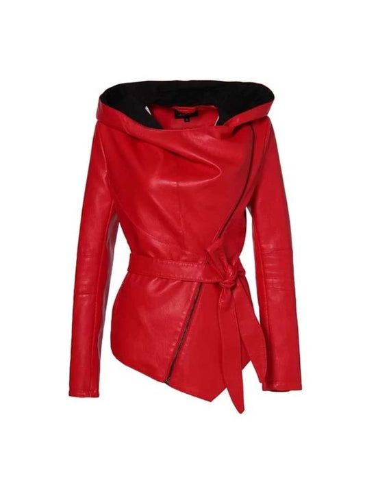 Women's Red Real Lambskin Lightweight & Hooded Leather Jacket