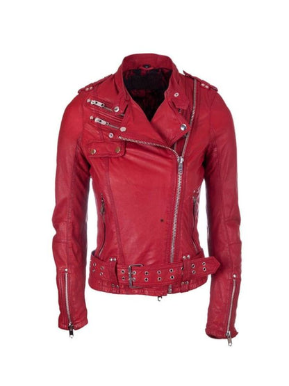 Women's Red Real Lambskin Brando Motorcycle Biker Leather Jacket