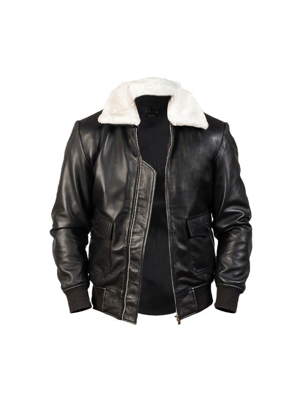 Men's Black Genuine Sheepskin Aviator With Fur Collar G-1 Bomber Leather Jacket