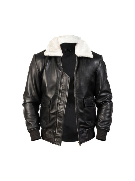 Men's Black Genuine Sheepskin Aviator With Fur Collar G-1 Bomber Leather Jacket