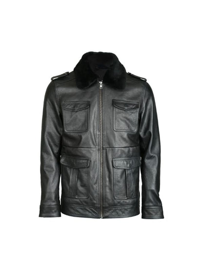 Men's Black Faux Leather Patch Pocket Shearling Collar Bomber Jacket