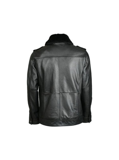 Men's Black Faux Leather Patch Pocket Shearling Collar Bomber Jacket